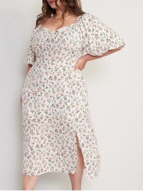 New Old Navy White Floral Midi Dress with Puff Sleeves